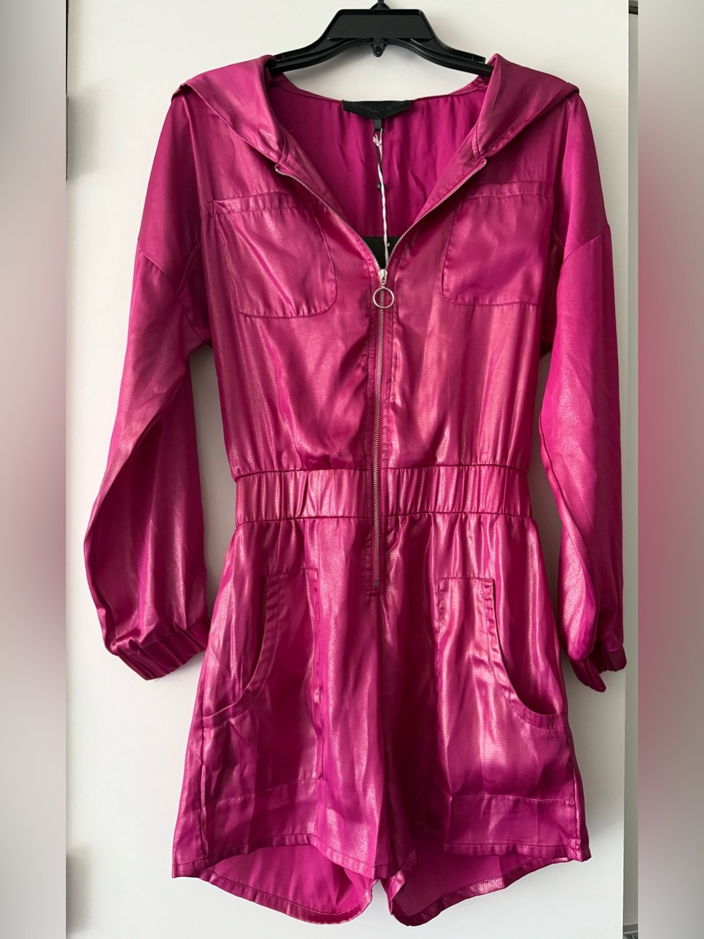 Kendall + Kylie x Revolve liquid shine hooded romper in fuchsia. NWT